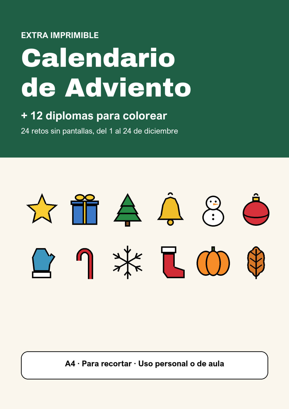 Portada del Calendario de Adviento con 12 diplomas para colorear