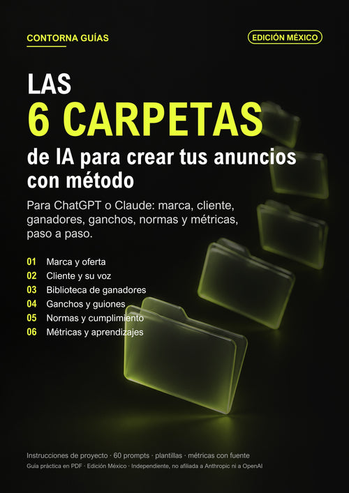 Portada de la guía «Las 6 carpetas de IA para crear tus anuncios con método», edición México