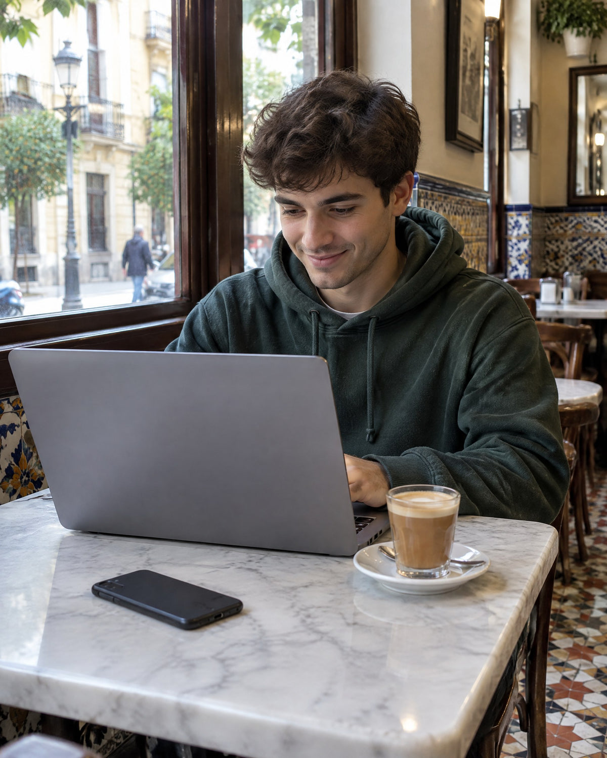 Chico trabajando con su portátil en una cafetería (imagen generada con IA)