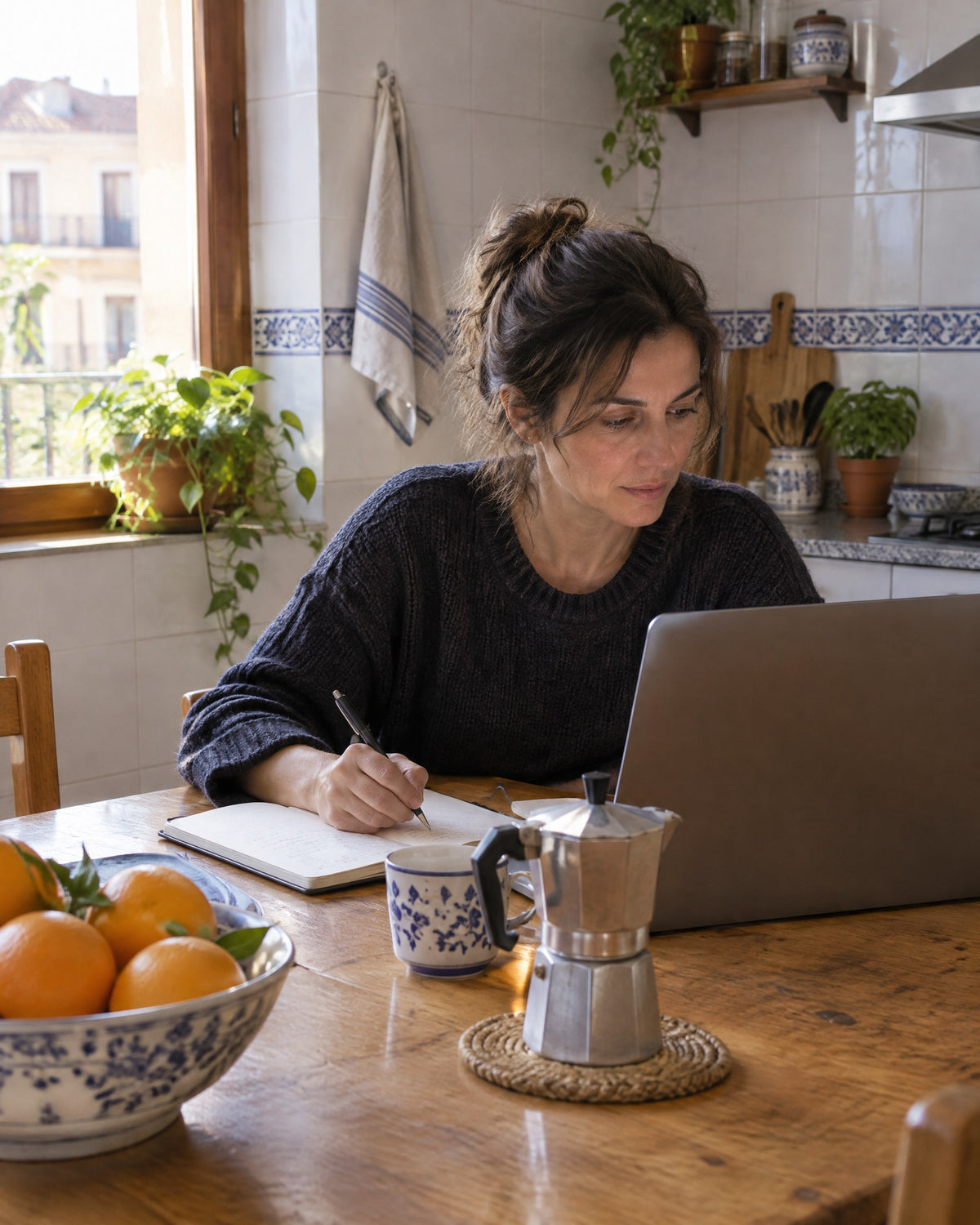 Mujer tomando notas junto a su portátil en una cocina (imagen generada con IA)