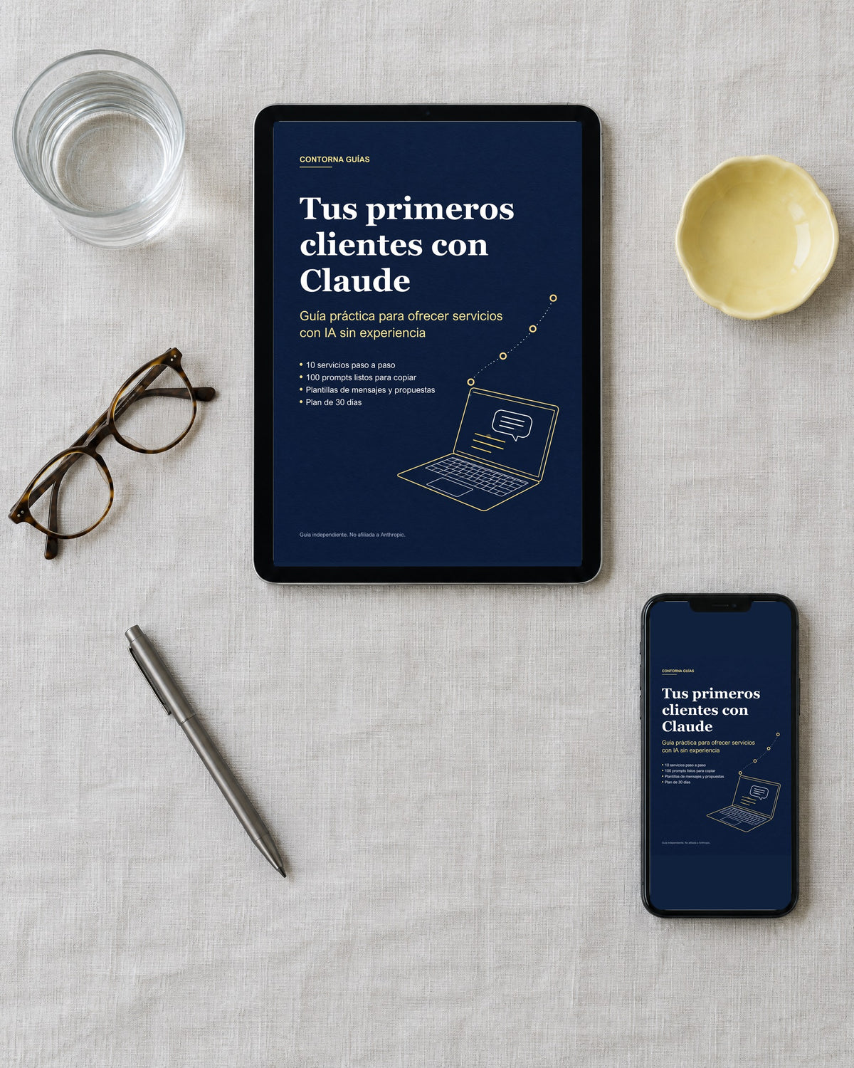 Guía «Tus primeros clientes con Claude» en una tableta y un móvil (imagen ilustrativa)