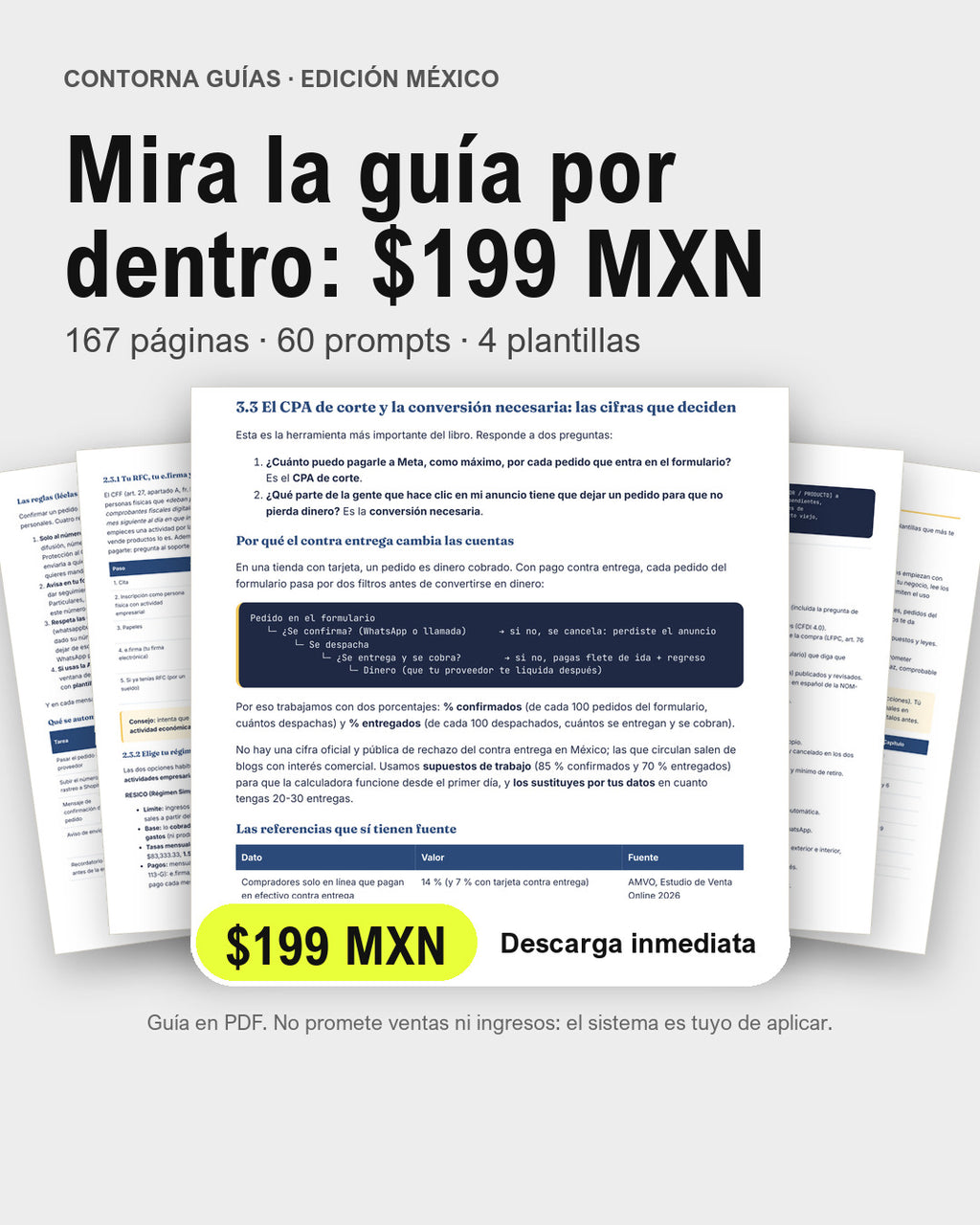 Páginas reales de la guía «Dropshipping contra entrega en México»: el apartado 3.3 sobre el CPA de corte, entre otras