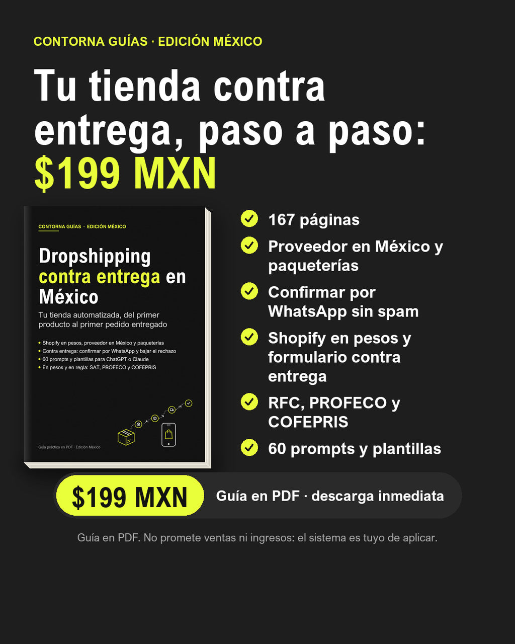 Lo que incluye la guía «Dropshipping contra entrega en México»: 167 páginas, proveedor en México, WhatsApp, Shopify en pesos, RFC, PROFECO y COFEPRIS y 60 prompts