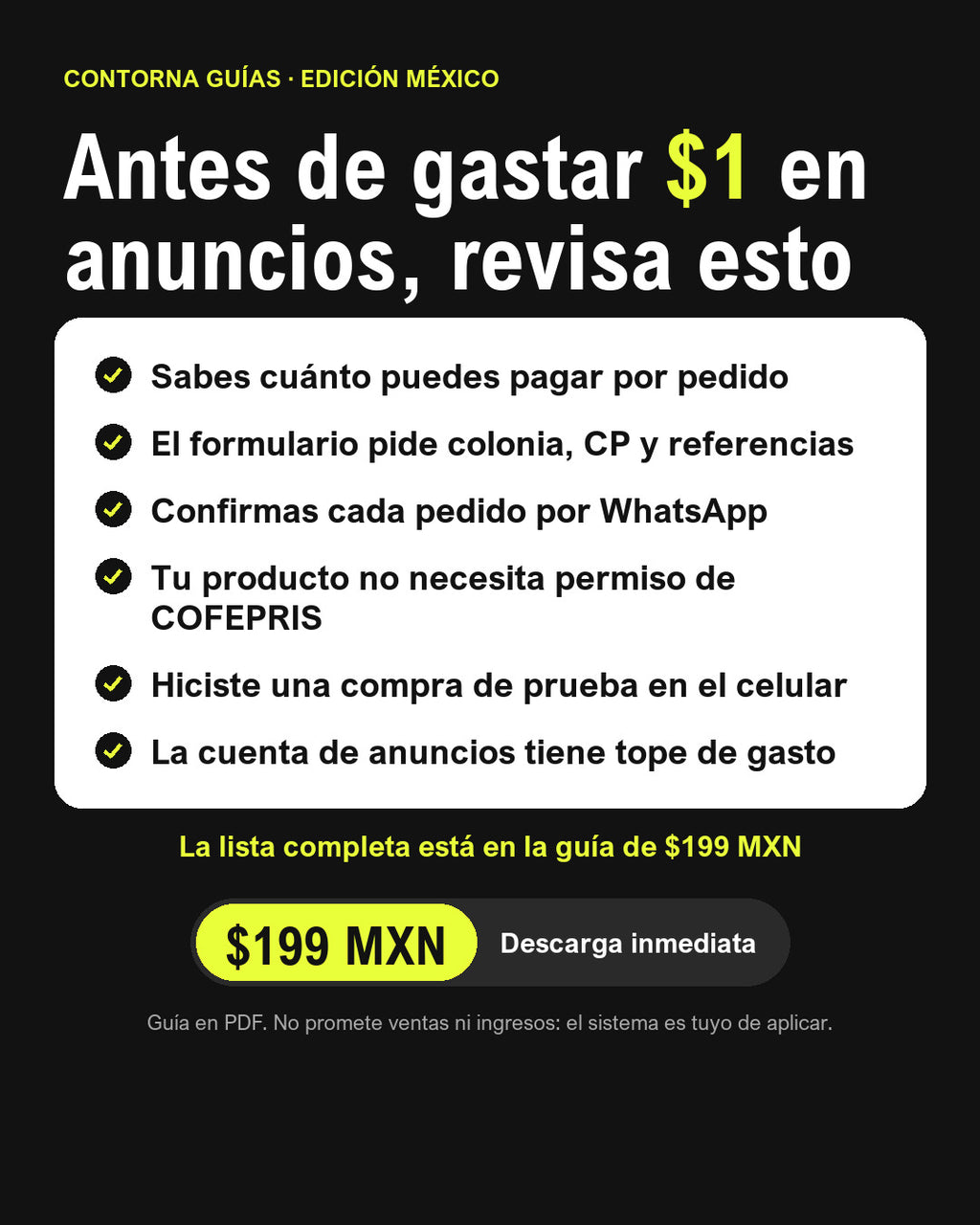 Checklist antes de gastar en anuncios con pago contra entrega, de la guía «Dropshipping contra entrega en México»
