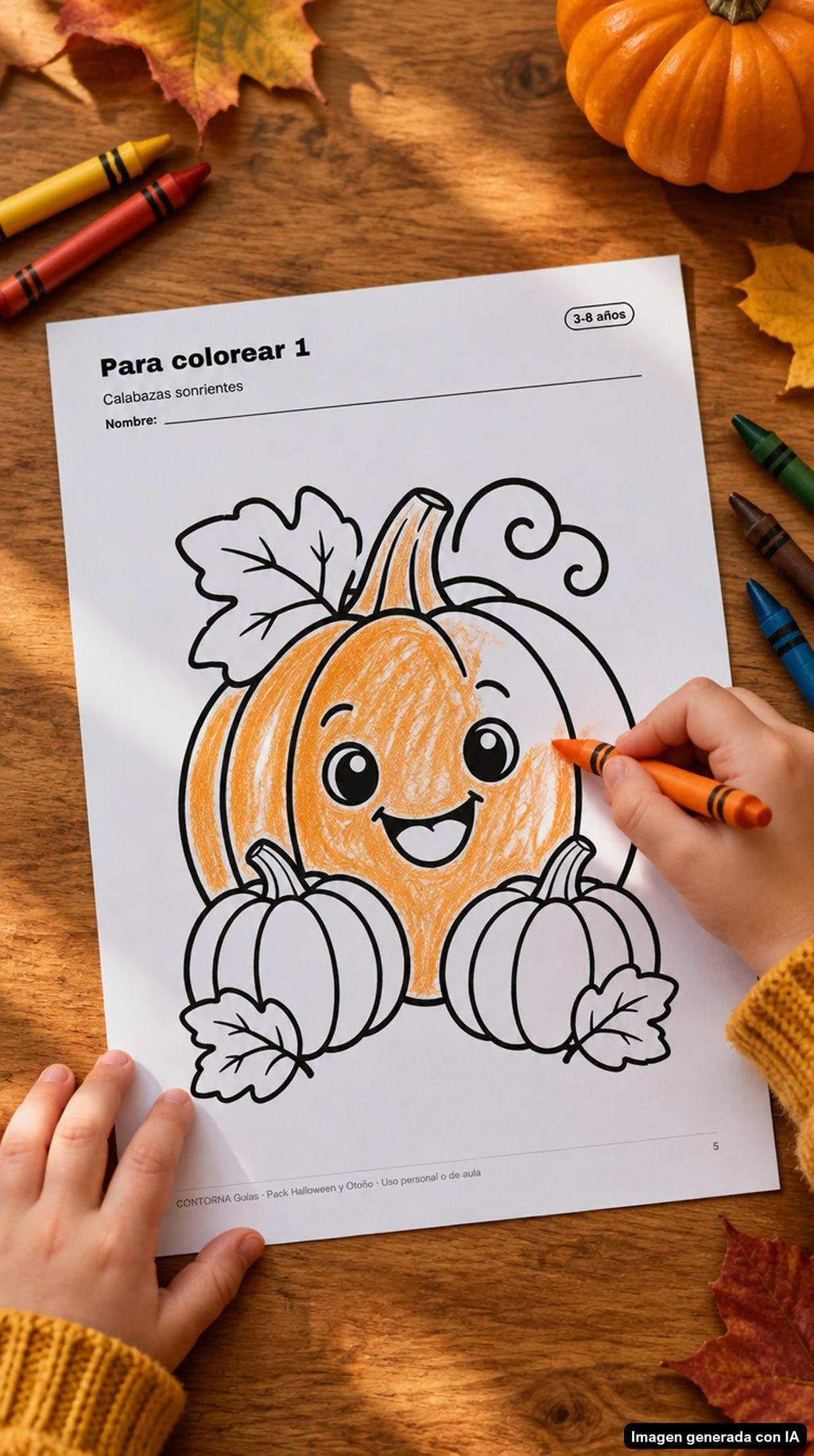 Niña coloreando una calabaza (imagen generada con IA)