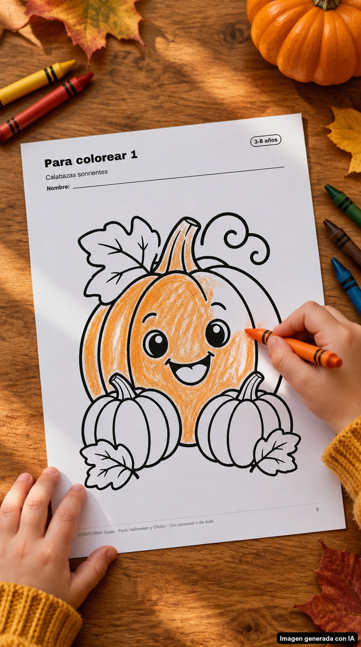 Niña coloreando una calabaza (imagen generada con IA)