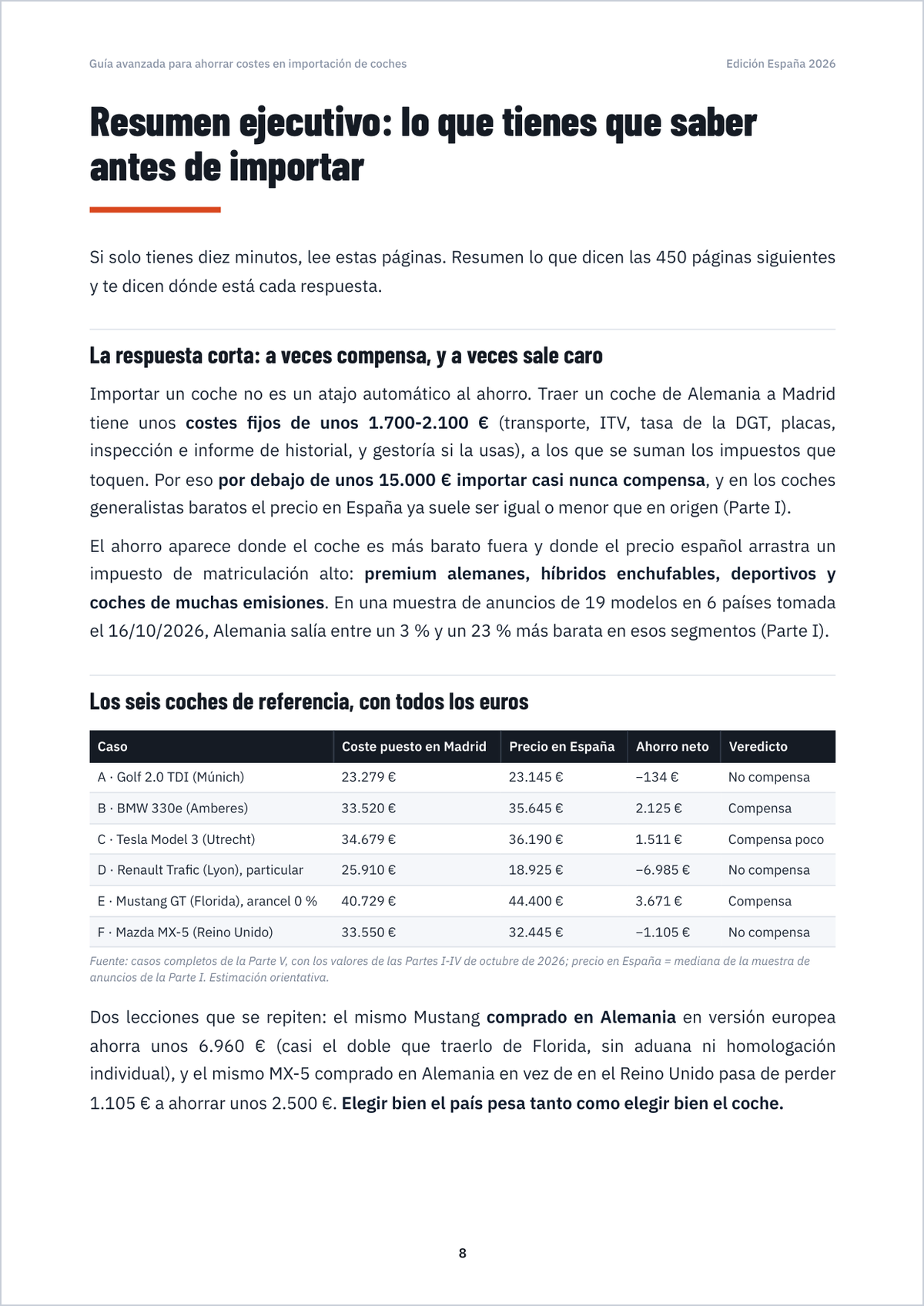 Página 8 de la guía: resumen ejecutivo con los seis coches de referencia