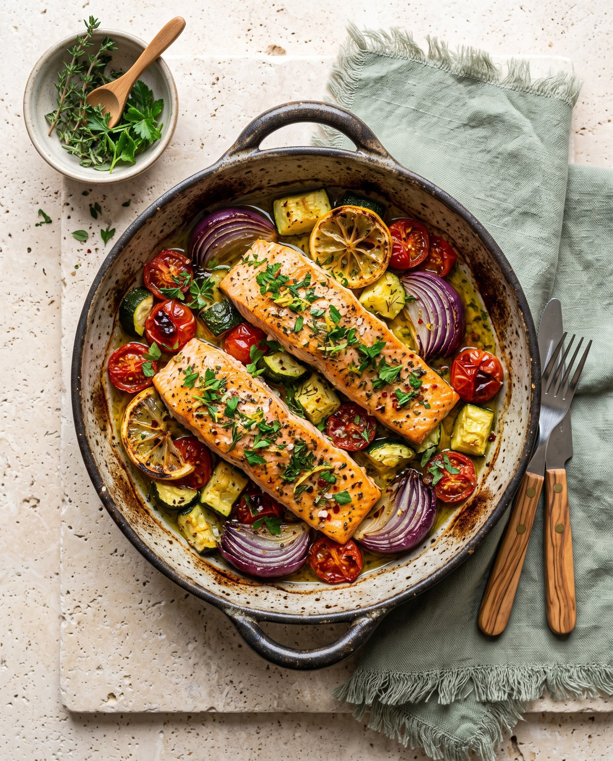 Salmón al horno con verduras, una de las recetas (foto ilustrativa generada con IA)