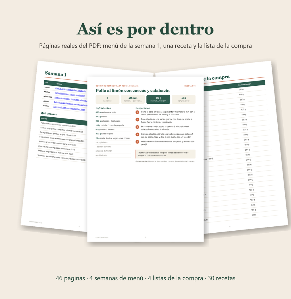 Páginas reales del Pack semanal: menú de la semana 1, la receta E01 y la lista de la compra
