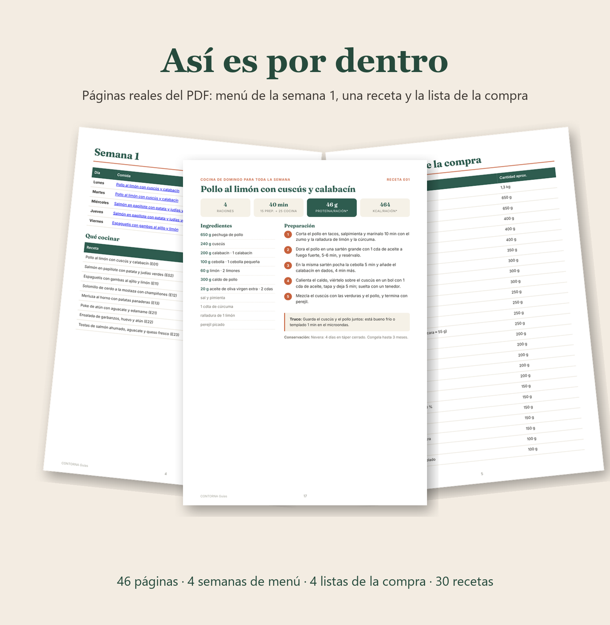 Páginas reales del Pack semanal: menú de la semana 1, la receta E01 y la lista de la compra