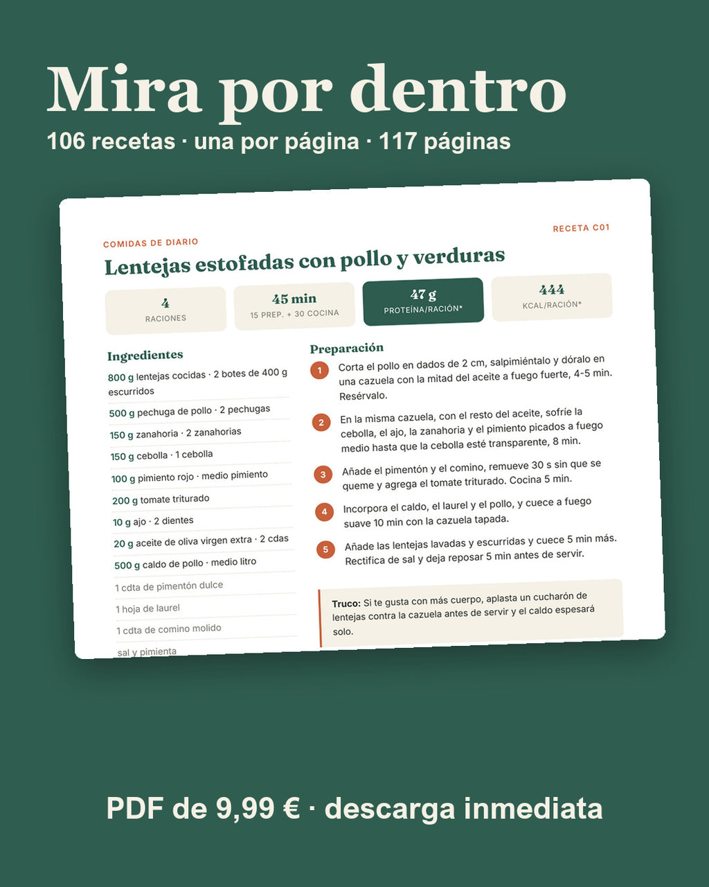 Página de receta con la proteína por ración