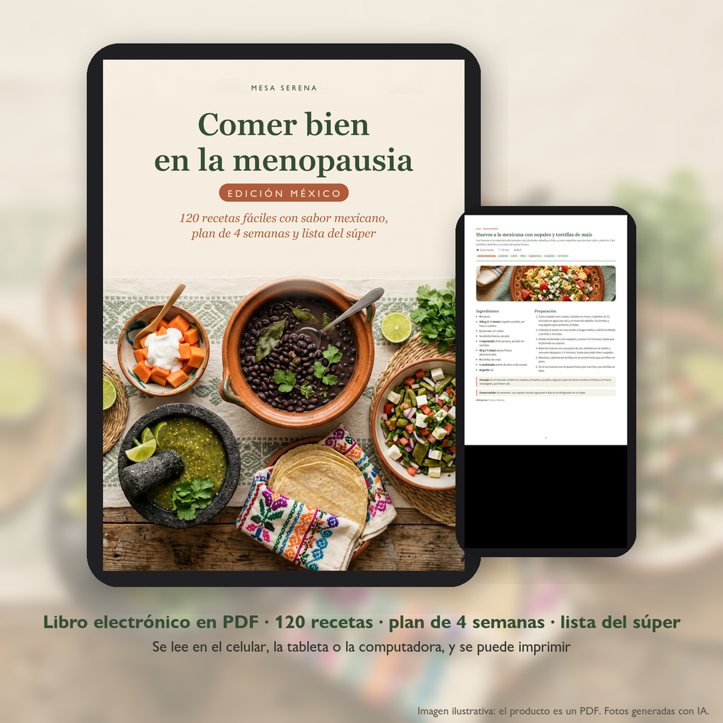 Libro electrónico «Comer bien en la menopausia · Edición México» en tableta y celular (imagen ilustrativa, fotos de platos generadas con IA)