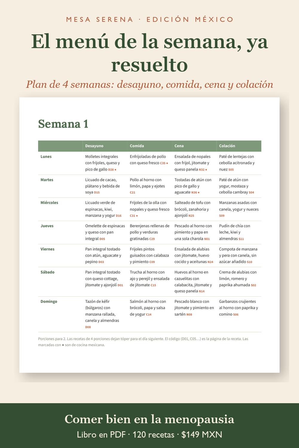 Una semana del plan de 4 semanas: desayuno, comida, cena y colación