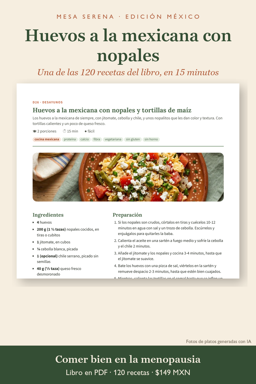 Receta de huevos a la mexicana con nopales (foto del plato: imagen ilustrativa generada con IA)