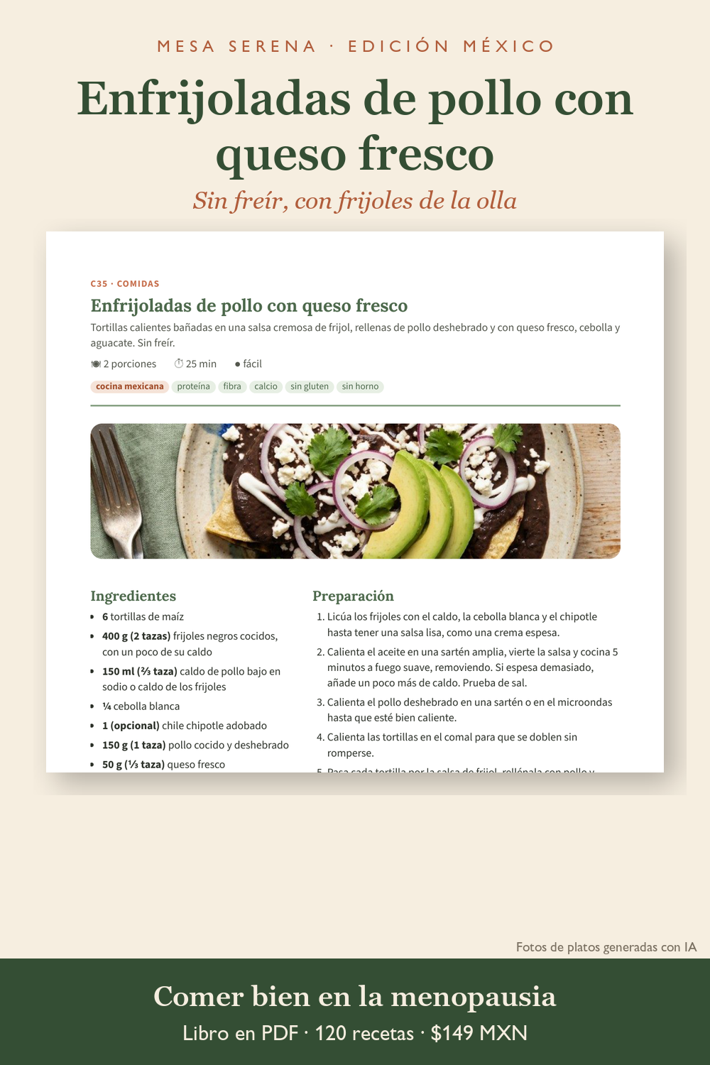 Receta de enfrijoladas de pollo con queso fresco (foto del plato: imagen ilustrativa generada con IA)