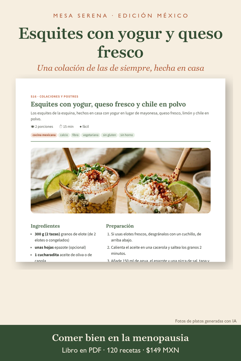 Receta de esquites con yogur y queso fresco (foto del plato: imagen ilustrativa generada con IA)